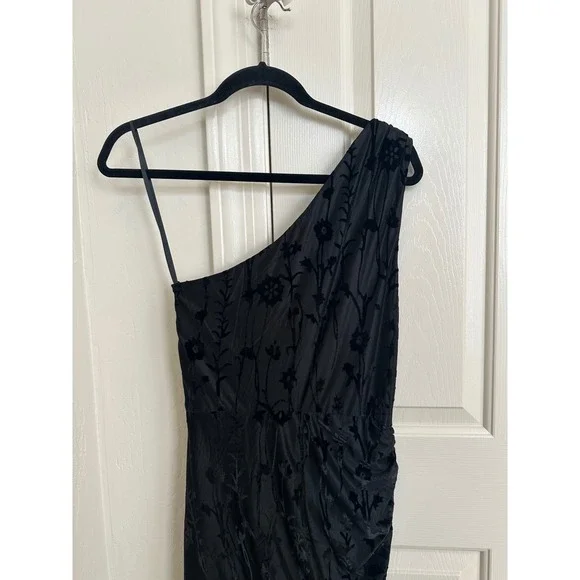 Hutch Black Floral Burnout Velvet One Shoulder Ruched Midi Dress M - Picture 6 of 11